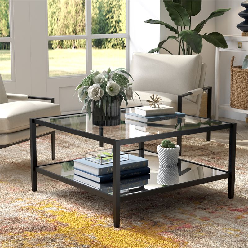 Modern Square Coffee Table in Black and Bronze with Mirrored Shelf - Henn&Hart, 2 of 9