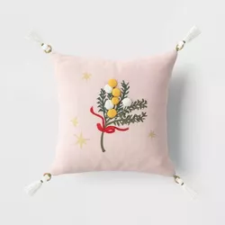 Mistletoe Embroidered Square Christmas Throw Pillow with Pom Poms Pink - Threshold™