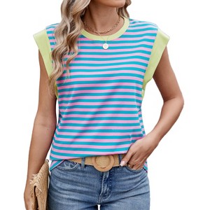 Womens Tank Tops Summer Casual Cap Sleeve Striped Shirt Crewneck T Shirts Loose Blouses 2025 - 1 of 4