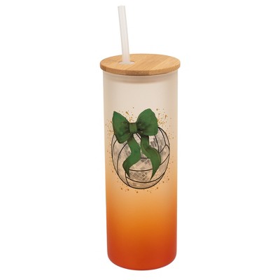 Elanze Designs 25 Ounce Frosted Glass Gradient Travel Tumbler With Straw and Wooden Lid, Volleyball With Green Bow Orange