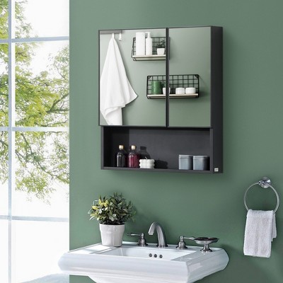 Black Wall-Mounted Medicine Cabinet with Double Mirror Doors and Storage Shelves