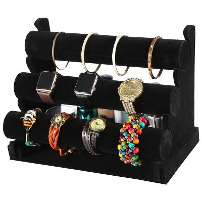 3-Tier Velvet Jewelry Stand with Removable Bracelet Holder for Watches and Jewelry Display,Black