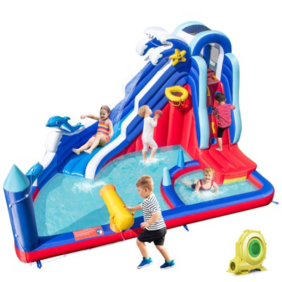 Tangkula Inflatable Water Slide Park Dolphin Theme Kids Bounce House w/ Long Slide 2 Splash Pools Climbing Wall w/ 735W Blower