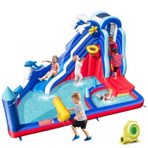 Tangkula Inflatable Water Slide Park Dolphin Theme Kids Bounce House w/ Long Slide 2 Splash Pools Climbing Wall w/ 735W Blower - 1 of 4