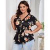 Women Plus Size V Neck Button Tunic Tops Flower Print Casual Short Sleeve Swing Flowy Tunic Henley Shirts - 2 of 4