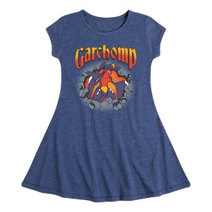 Girls' Pokémon Garchomp Rocks Fit & Flair Cap Sleeve Graphic Dress - Heather Navy - Small - 1 of 3