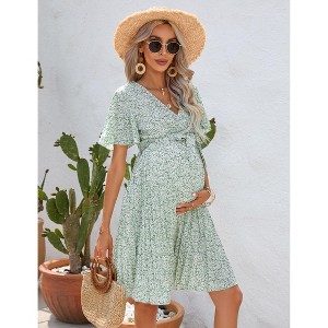 Women's Summer Floral Boho Maxi Dress Wrap Short Sleeve V Neck Ruffle A-Line Flowy Wedding Guest Long Dresses - 1 of 4