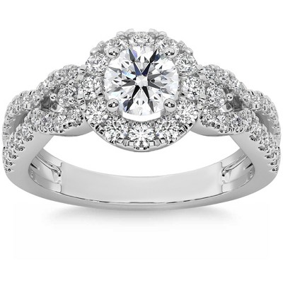 Pompeii3 1 1/2 Ct Diamond Halo Intinity Cirss Cross Engagement Ring 10k White Gold