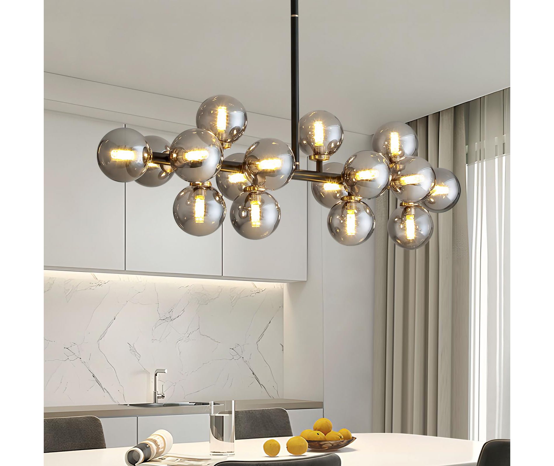 Ludomide 16 Lights Mid Century Modern Chandelier, Linear Pendant Light Fixture, Glass Globe Sputnik Hanging Light For Dining Room