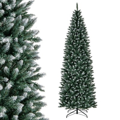 Tangkula 6/9FT Artificial Pre-lit Christmas Tree Pencil Xmas Tree with 618/1298 Snowy Branch Tips & 250/500 LED Lights