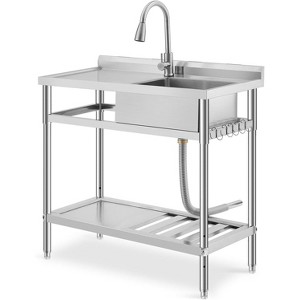 Stainless Steel Utility Sink, Freestanding Workstation with Hot/Cold Faucet, Includes Storage Shelf, Adjustable Legs for Indoor/Outdoor Use - 1 of 4