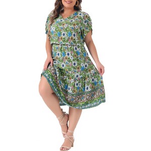 Agnes Orinda Women's Plus Size Summer Boho Casual V Neck Short Sleeve Floral Print Beach Midi A Line Dress - 1 of 4
