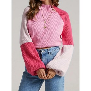 Women Lantern Long Sleeve Pullover Sweater Kint Shirt Fall Casual High Crew Neck Contrast Color Loose Fit Top - 1 of 4