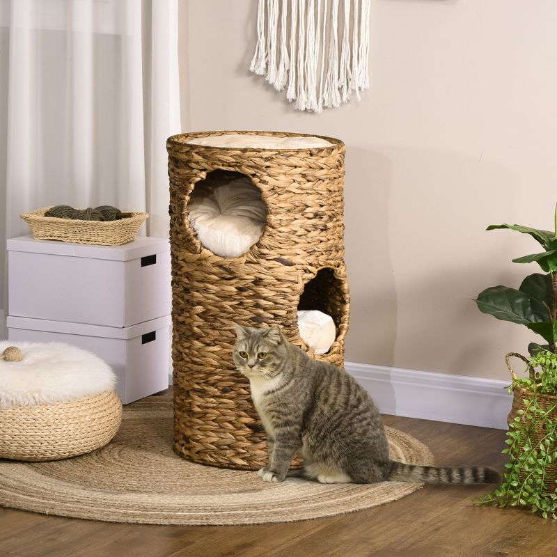 PawHut Elevated Cat Bed with Three Hideaways & Four Soft Plush Cushions, Cat Tower with Hand-Woven Materials, Multi-Layer Raised Kitten Bed Caves, 3 of 8