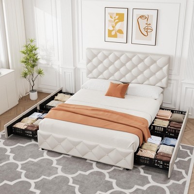 Full/Queen/King Size Bed Frame with 4 Storage Drawers, Faux Leather Upholstered Platform Bed Frame with Adjustable Headboard