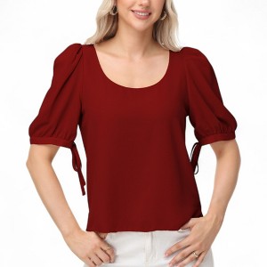 Anna-Kaci Women's Short Puff Sleeve Blouse with Scoop Neckline and Tie Cuff Detail for a Feminine Everyday Look - 1 of 4
