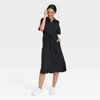 Women's Short Sleeve Linen Midi Shirtdress - A New Day™ Black M
