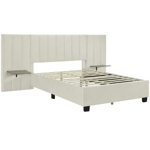 HomeRoots Light Gray Tufted Velvet Upholstered Lighted Full Bed Frame - 1 of 4