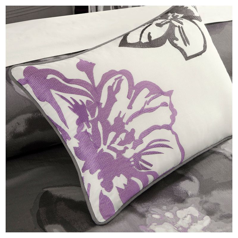 Gray/Purple Jasmine Watercolor Floral Duvet Cover Set 6pc, 6 of 9