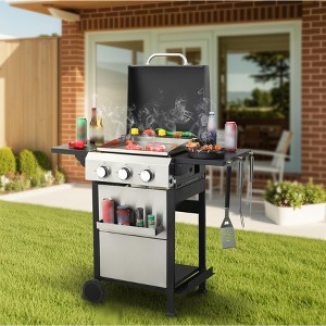 3-Burner Propane Gas BBQ Grill, Stainless Steel Propane Grill 36,900 BTU Outdoor Cabinet Style with Wheels, Wire Rack and Two Side Table - 1 of 4