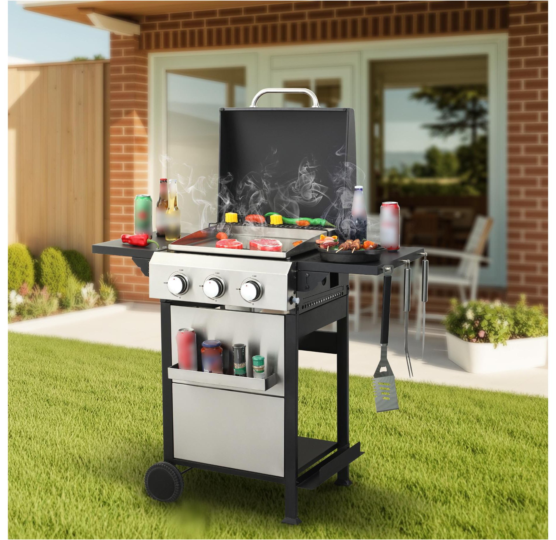 Propane Gas BBQ Grill, Stainless Steel Propane Grill 36,900 BTU Outdoor Cabinet Style with Wheels, Wire Rack and Two Side Table Black Silver