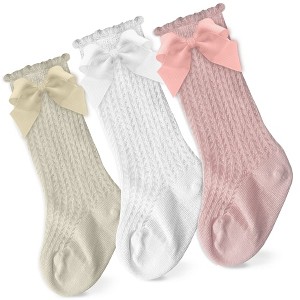 Cozyway Baby & Toddler Knee High Bow Socks, 3 Pack for Girls, White/Pink/Cream, 9-18 Months Old - 1 of 4