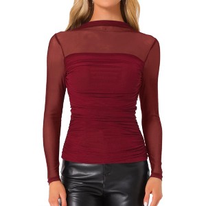 INSPIRE CHIC Women's Solid Mock Neck Mesh Sheer Long Sleeve Ruched Blouses - 1 of 4