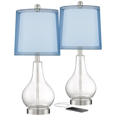 360 Lighting Modern Accent Table Lamps Set of 2 with USB Charging Port Clear Glass Blue Drum Shade for Living Room Bedroom Office