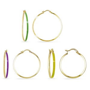 EVERLY JEWELRY | Yellow Plated Stainless Steel Green, Purple and Yellow Enamel Hoop Earrings 3-Piece Set - 1 of 3