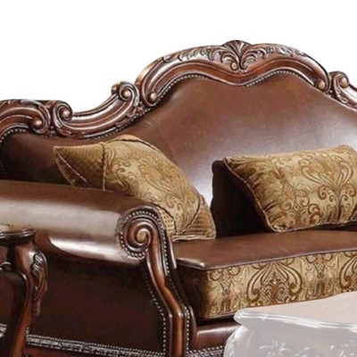 Dresden 89" Brown Synthetic Leather and Chenille Sofa with Cherry Oak Frame