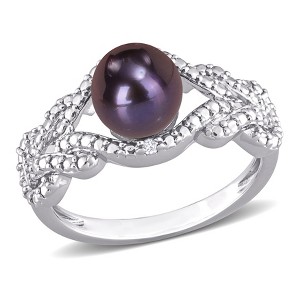 EVERLY JEWELRY | Sterling Silver 7-7.5mm Black Cultured Freshwater Pearl and Diamond Accent Criss-Cross Ring - 1 of 4