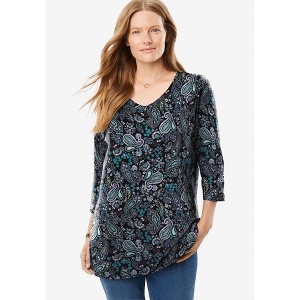 Woman Within Plus Size Perfect Printed Three-Quarter Sleeve V-Neck Tee - 1 of 4