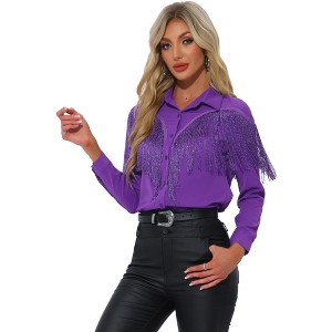 INSPIRE CHIC Women's Fringe Long Sleeve Button Down Disco Party Shirts - 1 of 4