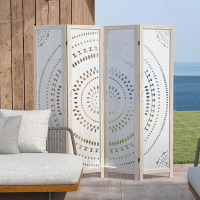 66" White Boho Solid Wood Folding Room Divider with Carved Pattern