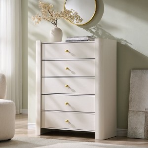 Modern 5 Drawer Dresser with Curved Profile 39.6 "Tall Wooden Chest with Golden Metal Handles Storage Cabinet for Bedroom Living Room Hallway - 1 of 4