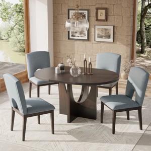 Modern Dining Set for 4,Rubber Wood Extendable Round Dining Table with Removable Leaf and 4 Upholstered Dining Chairs for Small Places-Tanpinhause - 1 of 4