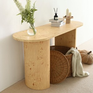 Burl Wood 60" Console Table for Entryway,Modern Console Table With Double Pedstal Grain Paper Console Table For Living Room-Tanpinhause - 1 of 4