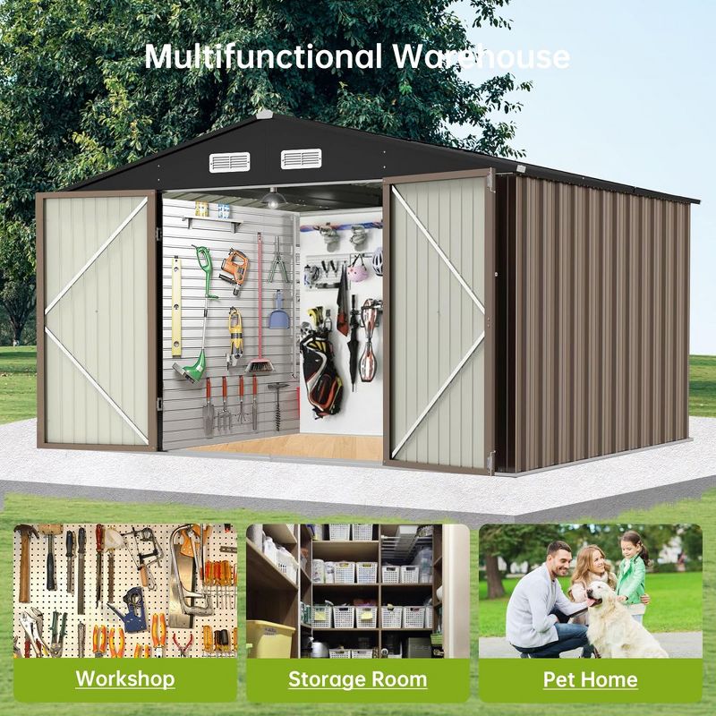 8.6'x10.4' Outdoor Storage Shed, Large Garden Shed. Updated Reinforced and Lockable Doors Frame Metal Storage Shed for Patiofor Backyard, Patio, Brown, 3 of 8