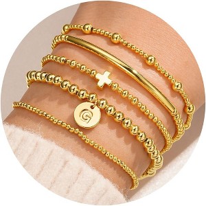 Gold Cross Bead Bracelets Set for Women, Dainty Layered Initial Letter A-Z Stackable Jewelry Gifts - 1 of 4