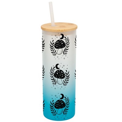 Elanze Designs Woodland Moonlit Mushroom Flowers Wrap-Around Design 25 Ounce Frosted Gradient Glass On-The-Go Coffee Travel Skinny Tumbler Mug Cup,