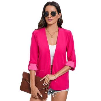 Women's Open Front 3/4 Roll Sleeve Jacket Office Business Blazer Jackets No Lapel Blazer with Pockets
