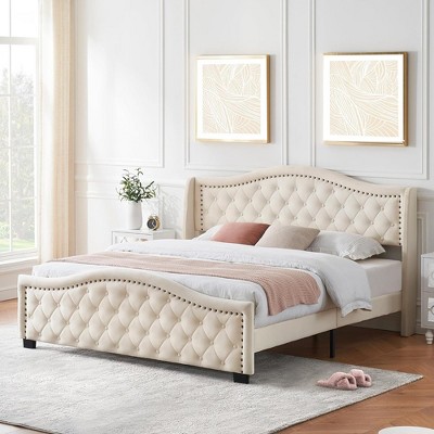 King Upholstered Linen Platform Bed Frame with Curved Tufted Headboard  Beige-ModernLuxe