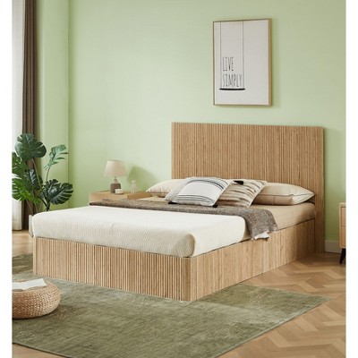 NicBex Queen Size Natural Wooden Bed Frame with Curved Lines Headboard & Hydraulic Storage,Modern Platform Bed,No Box Spring Needed