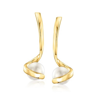 Ross-Simons 7mm Cultured Pearl Curvy Drop Earrings in 18kt Gold Over Sterling