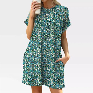 Womens Crew Neck T Shirt Dress Summer Shift Dress Floral A Line Lounge Dress V Neck Solid Pajama Dress Short Sleeve Nightgowns - 1 of 4