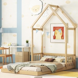 NicBex Full Size Wood Montessori Bed with House-Shaped Roof Headboard,Floor Bed with Semi-Fence Design,Modern Toddler Bed for Bedroom - 1 of 4