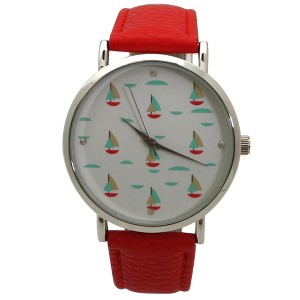 Olivia Pratt Faux Red Leather Sailing Boats Dial Women Watch - 1 of 4