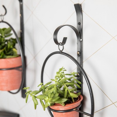 Set of 2 Black Iron Hanging Planters with Terracotta Pots