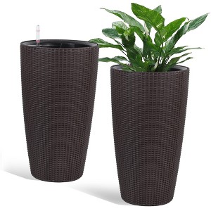 NAYSAYE Planter Set of 2 Modern Faux Rattan Square Plant Pots with Water Level Indicator for Home and Garden, Brown, 12.8"*12.8"*22.17" - 1 of 4
