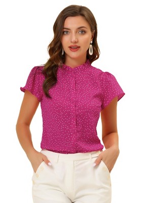 INSPIRE CHIC Women's Dots Print Ruffle Neck Short Sleeve Button Up Shirts